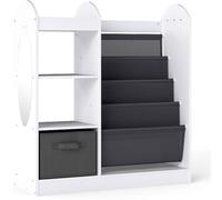 CostwayBibliothèque pour Enfants avec Miroir Pleine Longueur Organiseur de Jouets avec 4 Étagères en Tissu à 4 Niveaux et Tiroir en Tissu Blanc