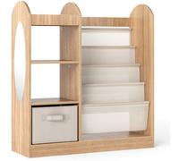 CostwayBibliothèque pour Enfants avec Miroir Pleine Longueur Organiseur de Jouets avec 4 Étagères en Tissu à 4 Niveaux et Tiroir en Tissu Naturel