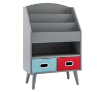 CostwayBibliothèque pour Enfants Etagère en Bois à 3 Niveaux Compartiment Ouvert 2 Tiroirs Pliables en Tissu Kits Anti-basculement Gris
