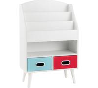 CostwayBibliothèque pour Enfants Etagère en Bois à 3 Niveaux Compartiment Ouvert 2 Tiroirs Pliables en Tissu Kits Anti-basculement Blanc