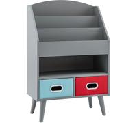 CostwayBibliothèque pour Enfants Etagère en Bois à 3 Niveaux Compartiment Ouvert 2 Tiroirs Pliables en Tissu Kits Anti-basculement Gris