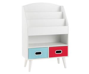 CostwayBibliothèque pour Enfants Etagère en Bois à 3 Niveaux Compartiment Ouvert 2 Tiroirs Pliables en Tissu Kits Anti-basculement Blanc