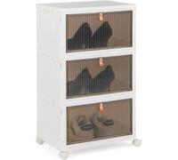 CostwayBoîte de Rangement de Chaussures Pliable 3 Niveaux Portes Transparentes Magnétiques Roues Universelles Verrouillables pour Baskets Jouets Blanc