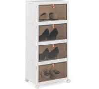 CostwayBoîte de Rangement de Chaussures Pliable 4 Niveaux Portes Transparentes Magnétiques Roues Universelles Verrouillables pour Baskets Jouets Blanc