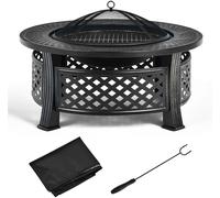 CostwayBrasero de 81 Cm Rond 3 en 1 Finition Résistante Aux Hautes Températures Cheminée Extérieure Barbecue Grille à Bûches Tisonnier Housse de Pluie Noir