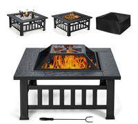 CostwayBrasero Extérieur 3 en 1 pour Jardin 81x81x50cm avec Grille Porte-bûches Gril pour Barbecue Tisonnier et Couvercle Noir