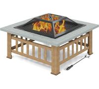 CostwayBrasero Extérieur 3 en 1 pour Jardin 81x81x50cm avec Grille Porte-bûches Gril pour Barbecue Tisonnier et Couvercle Gris