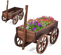 CostwayBrouette à Fleur en Bois Jardinière en Sapin à Roues Artistique Jardinière de Jardin avec Longue Poignée Réglable 120x43x53,5cm