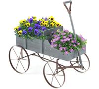 CostwayBrouette Décorative en Bois avec 2 Compartiments à Planter Roues Métalliques Poignée Charge 15kg pour Cour Gris