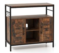 CostwayBuffet Cabinet de Bar à Café avec 2 Portes Compartiments Ouverts Étagères Ajustables 3 Crochets Meuble Industriel Marron Rustique