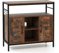 CostwayBuffet Cabinet de Bar à Café avec 2 Portes Compartiments Ouverts Étagères Ajustables 3 Crochets Meuble Industriel Marron Rustique