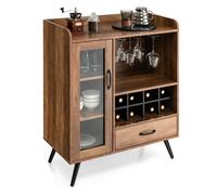 CostwayBuffet Cuisine à Porte Vitrée avec Tiroir 5 Compartiments Meuble de Rangement avec Porte-Verre Porte-Bouteilles, 80x40x95cm Naturel