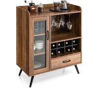 CostwayBuffet Cuisine à Porte Vitrée avec Tiroir 5 Compartiments Meuble de Rangement avec Porte-Verre Porte-Bouteilles, 80x40x95cm Naturel
