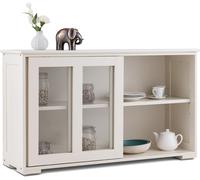 CostwayBuffet de Cuisine Armoire Basse de Salle à Manger 2 Etagères 2 Portes Transparentes en MDF, 106,5x33x62,5cm, Beige