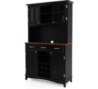 CostwayBuffet de Cuisine avec Vaisselier Armoire de Rangement de Cuisine avec Cabinet en Verre Trempé Porte-Bouteilles Étagères Réglables Noir