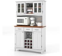 CostwayBuffet de Cuisine avec Vaisselier Armoire de Rangement de Cuisine avec Cabinet en Verre Trempé Porte-Bouteilles Étagères Réglables Blanc
