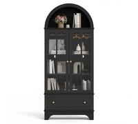CostwayBuffet de Rangement Haut avec Portes en Verre Trempé Garde-manger en Bois avec Casier à Vin et Tiroir Support pour 9 Verres à Vin Noir