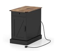 CostwayBuffet de Rangement Table d'Appoint Style Fermier avec Station de Recharge Table de Chevet avec Armoire Tiroir Étagère Réglable Noir