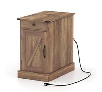 CostwayBuffet de Rangement Table d'Appoint Style Fermier avec Station de Recharge Table de Chevet avec Armoire Tiroir Étagère Réglable Brun
