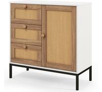CostwayBuffet en Faux Rotin Armoire Basse d'Appoint avec 1 Porte avec Étagères et 3 Tiroirs Table Console Autoportante Bohème pour Cuisine Salon Blanc