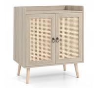 CostwayBuffet en Rotin avec 2 Portes Style Bohème Plateau Étagère Intérieure Réglable Pieds en Pin Surélevés Dispositif Anti-basculement Naturel