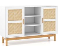 CostwayBuffet Moderne 120 CM Meuble de Rangement avec 2 Portes tressées en Bambou 3 étagères Ouvertes Table Console d'appoint Armoire Basse Blanc