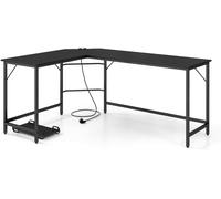 CostwayBureau d Angle avec Prise de Courant Bureau d'Angle de 168 cm avec Support UC Cadre en Métal Robuste Bureau d'Etudes Noir