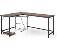 CostwayBureau d Angle avec Prise de Courant Bureau d'Angle de 168 cm avec Support UC Cadre en Métal Robuste Bureau d'Etudes Marron