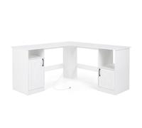 CostwayBureau d?Angle en Forme de L Bureau Informatique avec Station de Charge Intégrée 2 Prises Étagères Placards de Rangement Poste de Travail