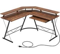 CostwayBureau d Angle Prise de Courant Station de Travail de 130 Cm Support d Écran Plateau pour Clavier Crochet Bureau Ergonomique Marron