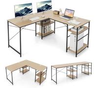 CostwayBureau d'Angle 151 x 151 x 75 CM Ajustable à Bureau Droit 4 Etagère de Rangement Grand Table pour 2 Personnes Naturel