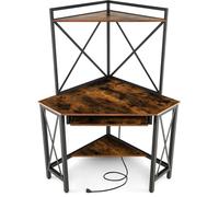 CostwayBureau d'Angle avec Clapier Bureau Peu Encombrant Étagères Plateau pour Clavier Table avec Huche Cadre en Métal Marron Rustique