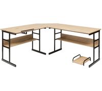 CostwayBureau d'Angle en forme de L Ajustable à Bureau Droit 2 Personnes avec Plateau Inclinable Support Centrale Naturel