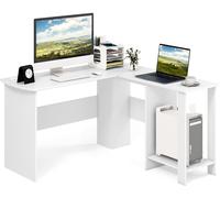 CostwayBureau d'Angle en Forme de L - L 130 x P 130 x H 74 CM - Étagères Rangement à 2 Niveaux Contemporain Blanc