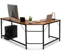 CostwayBureau D'angle Grand Bureau en Forme de L Supporte D unité Centrale en Bois et Métal 168x125x74cm Marron
