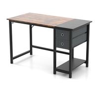 CostwayBureau de 120 Cm Poste de Travail Informatique Moderne avec 2 Tiroirs Crochet de Suspension Étagère de Rangement Marron Rustique et Noir