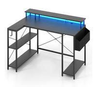 CostwayBureau de Jeu d?Angle 120 cm avec Lumières LED et Prises de Courant Etagères de Rangement et Support d?Ecran Noir
