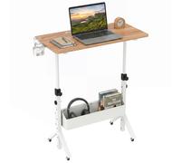 CostwayBureau Debout Mobile Table Roulante pour Lit Canapé avec Hauteur Réglable Pieds Triangulaires Stables, Poche de Rangement en Tissu Naturel