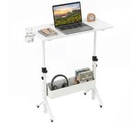 CostwayBureau Debout Mobile Table Roulante pour Lit Canapé avec Hauteur Réglable Pieds Triangulaires Stables Poche de Rangement en Tissu Blanc