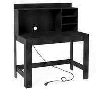 CostwayBureau d'Ordinateur avec Bibliothèque Bureau d'Étude avec Prises Électriques et Passe-câbles Table Moderne avec Étagères de Rangement Noir
