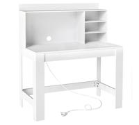 CostwayBureau d'Ordinateur avec Bibliothèque Bureau d'Étude avec Prises Électriques et Passe-câbles Table Moderne avec Étagères de Rangement Blanc