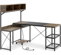 CostwayBureau d'Ordinateur en Forme de L avec Prises Électriques Table d'Angle avec Étagère de Rangement Compartiments Étagères Marron Rustique