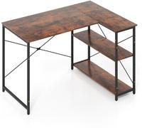 CostwayBureau d'Ordinateur en Forme de L Bureau d'angle Réversible avec Étagère Réglable Table d'Étude Gain de Place avec Cadre Métallique Marron