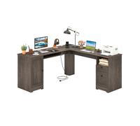 CostwayBureau d'Ordinateur en Forme de L de 168 cm avec Prises de Courant Bureau Moderne avec 2 Tiroirs de Rangement Gris
