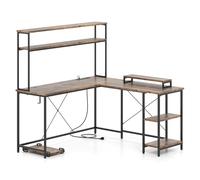 CostwayBureau d'Ordinateur Reversible en Forme de L avec Bande LED et Prises de Courant Support pour Écran & CPU Bois Rustique