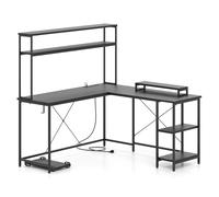 CostwayBureau d'Ordinateur Reversible en Forme de L avec Bande LED et Prises de Courant Support pour Écran & CPU Noir
