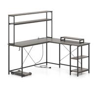 CostwayBureau d'Ordinateur Reversible en Forme de L avec Bande LED et Prises de Courant Support pour Écran & CPU Gris
