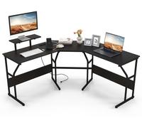 CostwayBureau en Forme de L avec Prises de Courant Bureau d'Angle avec Support d'Ecran Amovible Poste de Travail de 225 cm de Long Noir