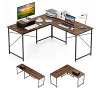CostwayBureau en Forme de L Réversible de 150 cm avec Prise Intégrée Support Amovible pour Hôte/Écran Trous de Gestion des Câbles Noyer