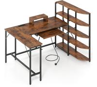 CostwayBureau en L avec Étagères de Rangement Bureau d Ordinateur d Angle avec Station de Charge Bureau de Jeu avec Support Marron Rustique